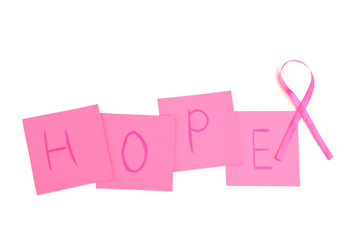 Pink ribbon with inscription Hope on white background
