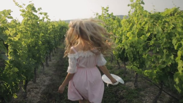 Free girl runs along the grass between vineyards