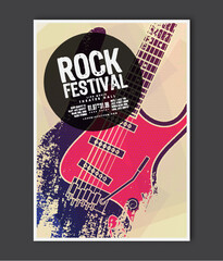 Music poster template. Vector Rock music flyer background with electric guitar flat illustration. A4 size flyer.