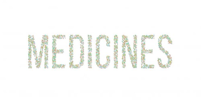 Various medicines forming into a word. 10 seconds animation, luma matte included.