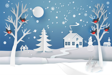 Fototapeta na wymiar Paper cut and craft winter landscape with evergreen tree, house, snowman, moon and snowflakes. Holiday nature and christmas tree. Web banner. Vector illustration. Merry Xmas. Outdoor design