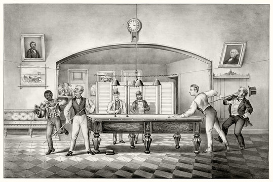 Old illustration of a billiard club. By unidentified author, publ. in New York ca. 1869