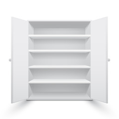 Realistic white cupboard with open doors, isolated on white