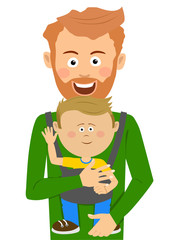 Young father holding his son in baby carrier
