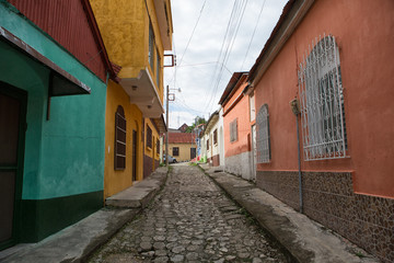 Flores, Guatemala: cobblestone street on the small tourist destination island