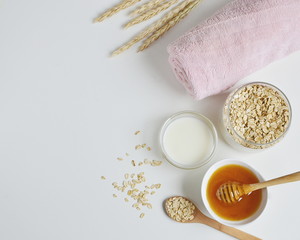 Natural Ingredients for Homemade Oat Body Face Milk Scrub Salt Oil Honey Beauty Concept Organic Eco...