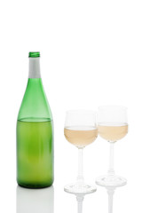 Federweisser wine bottle with filled wineglasses isolated on white with clipping paths