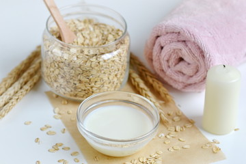 Fototapeta na wymiar Natural Ingredients for Homemade Oat Body Face Milk Scrub Salt Oil Honey Beauty Concept Organic Eco Healthy Lifestyle