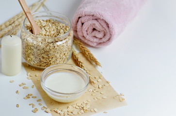 Natural Ingredients for Homemade Oat Body Face Milk Scrub Salt Oil Honey Beauty Concept Organic Eco Healthy Lifestyle