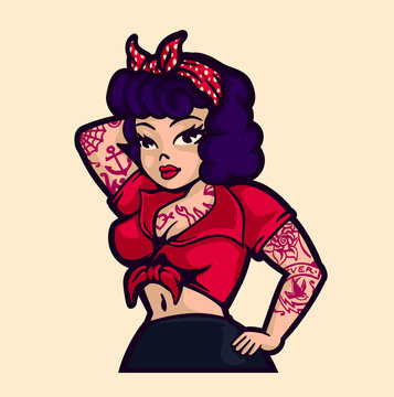 Vintage rockabilly pin-up woman posing with vintage clothes and tattoos cartoon vector illustration