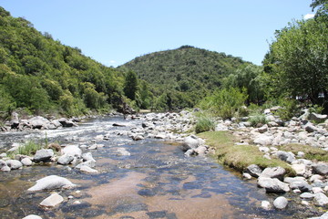 mountain stream and stones in summer