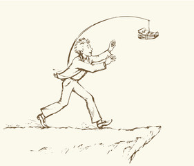Man chasing money over a precipice. Vector drawing
