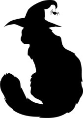 Black silhouette of fluffy cat in witch hat
