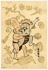 Fototapeta na wymiar Old illustration depicting Daikoku and Fukurokuju (lucky gods of Japan) as sumo wrestlers. By Utagawa Toyokuni, publ. ca 18931