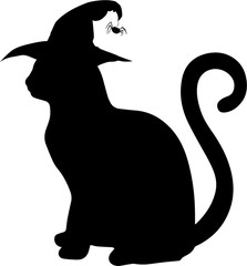 Black silhouette of cat in witch hat sitting sideways isolated on white background.