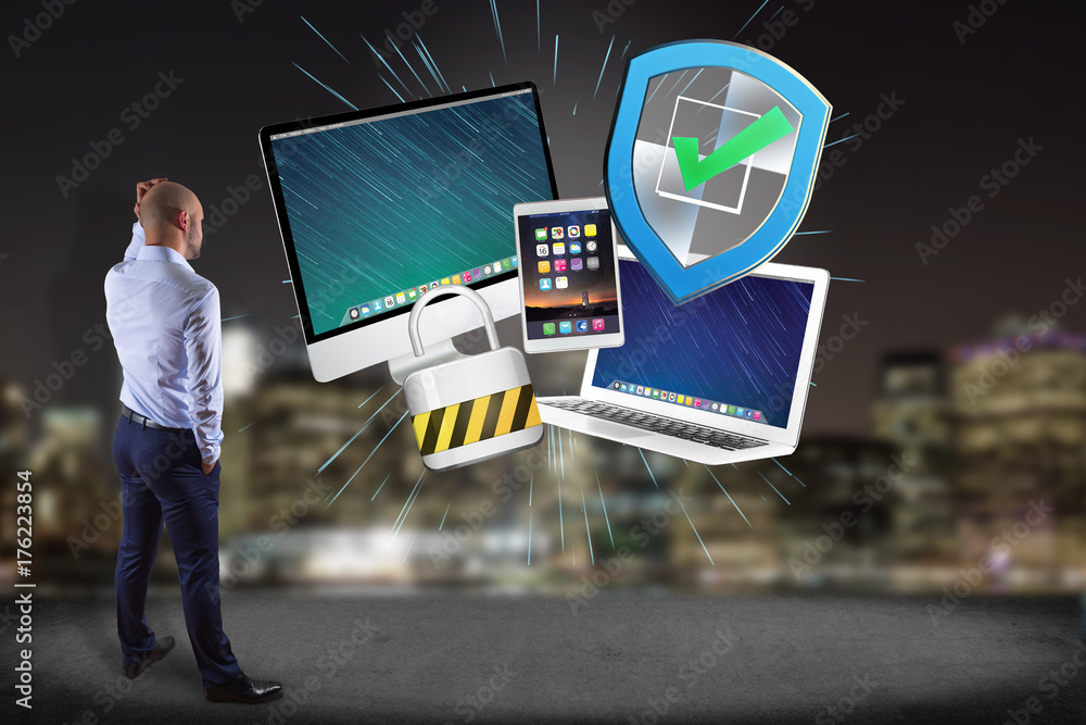 Poster businessman in front of a wall with a shield symbol displayed on a futuristic interface - technology