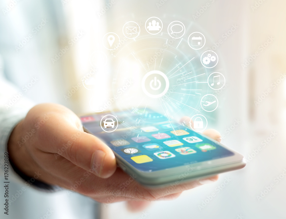 Poster home button of a technology interface surrounded by application - technology app concept