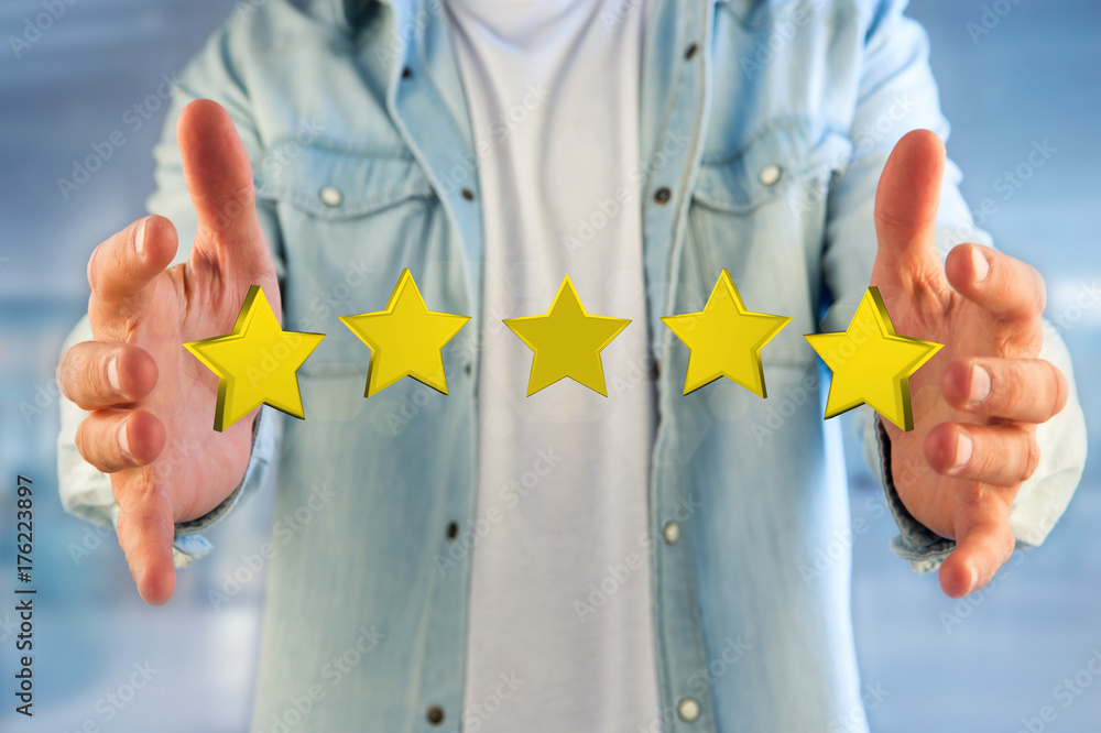 Poster five yellow stars on a futuristic interface - 3d rendering