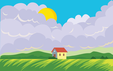 Obraz na płótnie Canvas Agricultural landscape with farmer's house. Green Field and cumulus clouds with the sun. Vector landscape illustration.