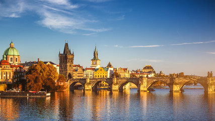 Prague, Czezh Republic. Scenic autumn aerial view of the Old Town with red foliage