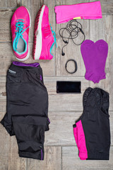 Flat lay shot of woman's sport accessories