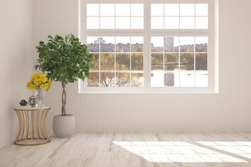 Inspiration of white empty room with flower. Scandinavian interior design. 3D illustration