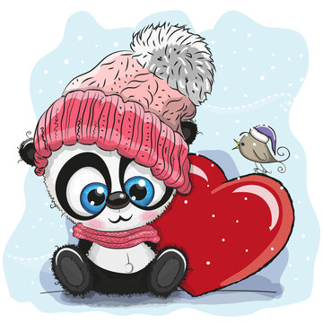 Cute Cartoon Panda in a knitted cap
