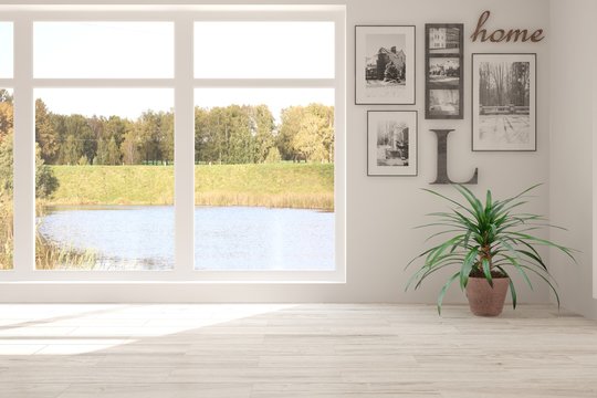 Idea of white empty room with green landscape in window. Scandinavian interior design. 3D illustration