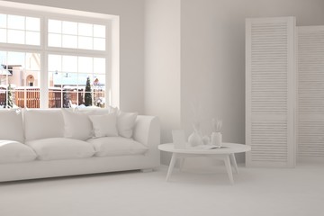 White room with sofa. Scandinavian interior design. 3D illustration