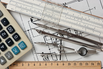 engineering tools on technical drawing
