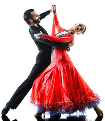one caucasian man and woman couple ballroom tango salsa dancer dancing in studio silhouette...