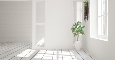Fototapeta premium White empty room with flower. Scandinavian interior design. 3D illustration