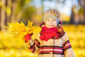 Happy little girl with autumn leaves in the park