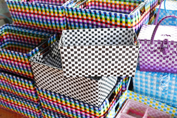 Colorful plastic weave baskets