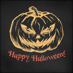 Hand drawn vector sketch illustration - creative vintage tee shirt apparel print poster design, Halloween evil pumpkin, black chalkboard grunge background.