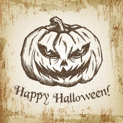 Hand drawn vector sketch illustration - creative vintage tee shirt apparel print poster design, Halloween evil pumpkin, grunge paper background.