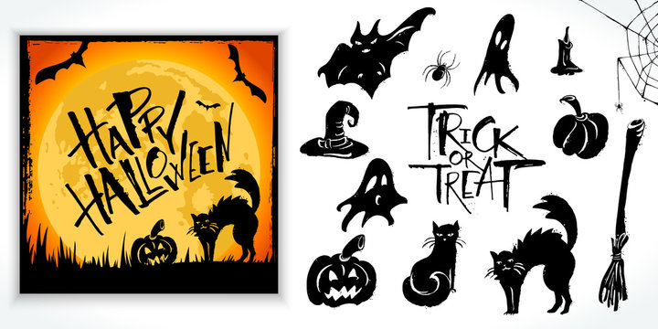 Halloween clipart set with card sample. Hand drawn pictures, vector illustration. Template for banners, posters, merchandising, cards or photo overlays.