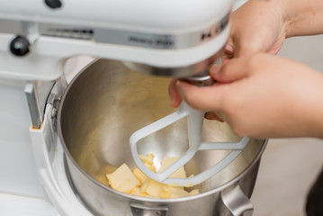 Flour and butter in dough mixing machine, bakery machine