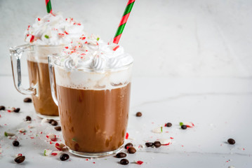 Homemade Peppermint Mocha, Christmas coffee drink with candy canes, whipped cream and mint syrup ,...
