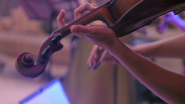 Violinist plays the violin during a rehearsal at the opera house