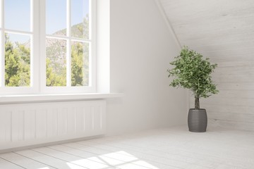 Idea of white empty room with summer landscape in window. Scandinavian interior design. 3D illustration