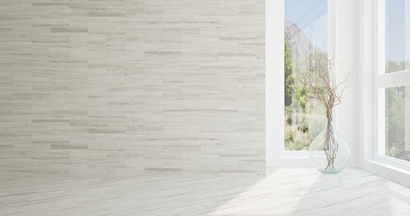 Idea of white empty room with summer landscape in window. Scandinavian interior design. 3D illustration