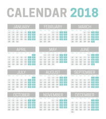 Simple 2018 calendar template on white background. Week starts on Monday