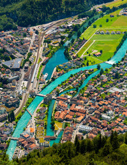 The beautiful Interlaken valley and Thunersee river through the city