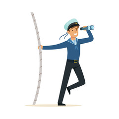 Sailor man character in blue uniform looking through spyglass vector Illustration