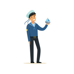 Sailor man character in blue uniform holding small boat vector Illustration
