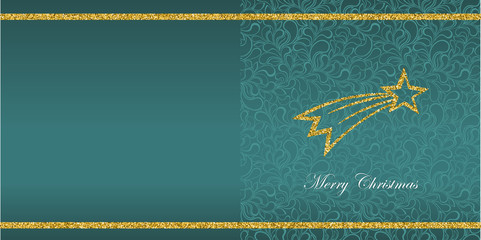Greeting card with Christmas symbol from gold sequins and the inscription Merry Christmas. Floral background pattern. Glamour swirles. Vector.