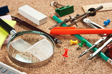 office supplies in a mess on the table