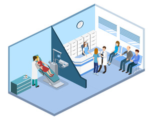 Isometric 3D vector illustration people are enrolled to see a dentist.