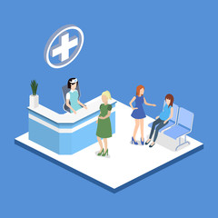 Isometric 3D vector illustration hospital reception with patients